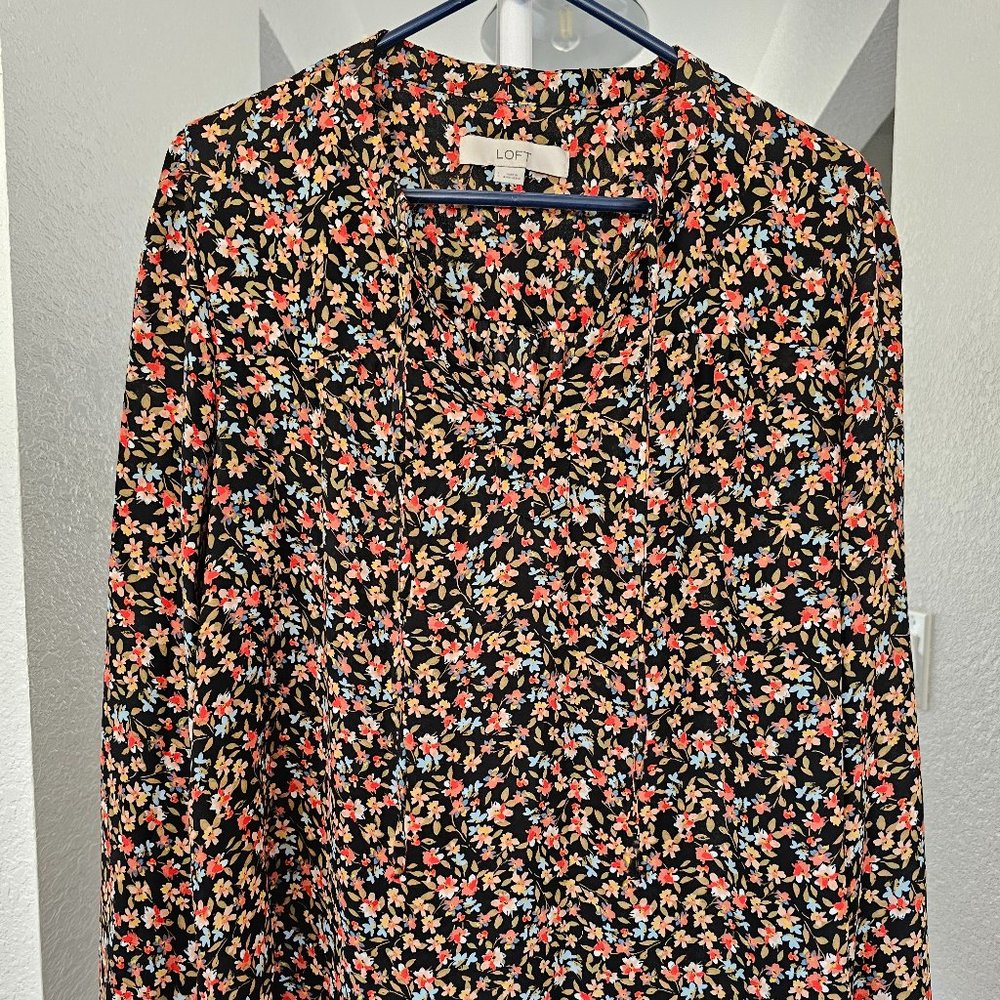 Long Sleeve Floral Blouse with V-Neck and Tie Strings